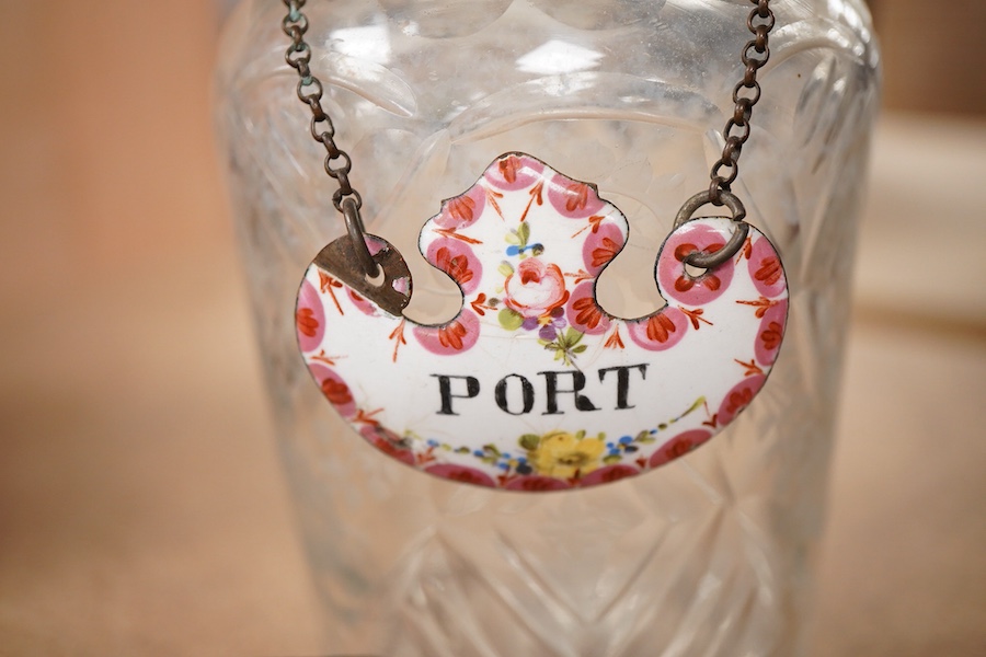 A late 18th century Bilston enamel box and engraved decanter - 24cm high